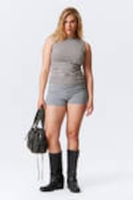 Grey & White Stripes - Annie Striped Sleeveless Boat-Neck Top - 1