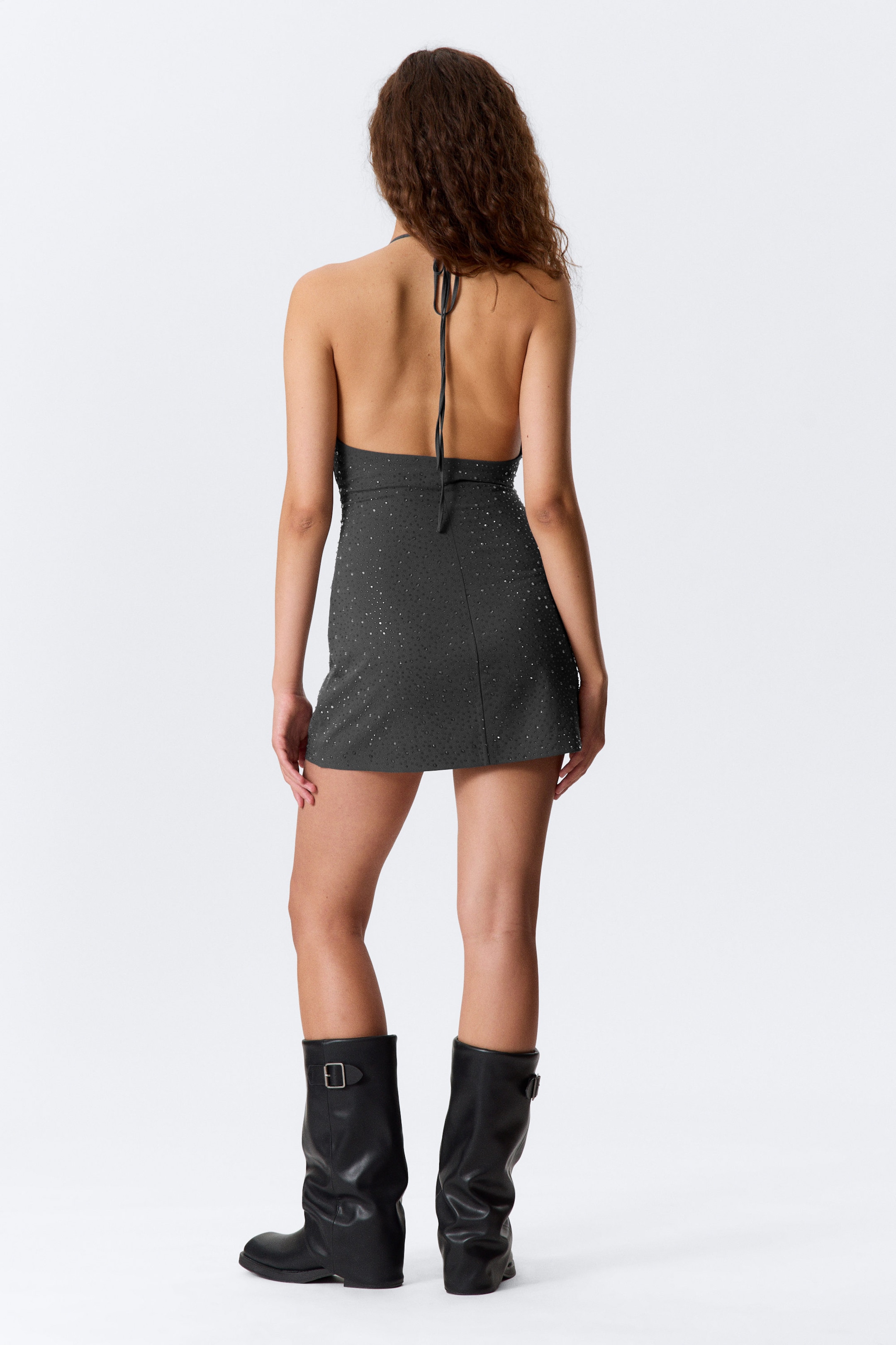 Dark Grey - Rhinestone Halterneck Mini Dress - 3