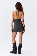 Dark Grey - Rhinestone Halterneck Mini Dress - 3