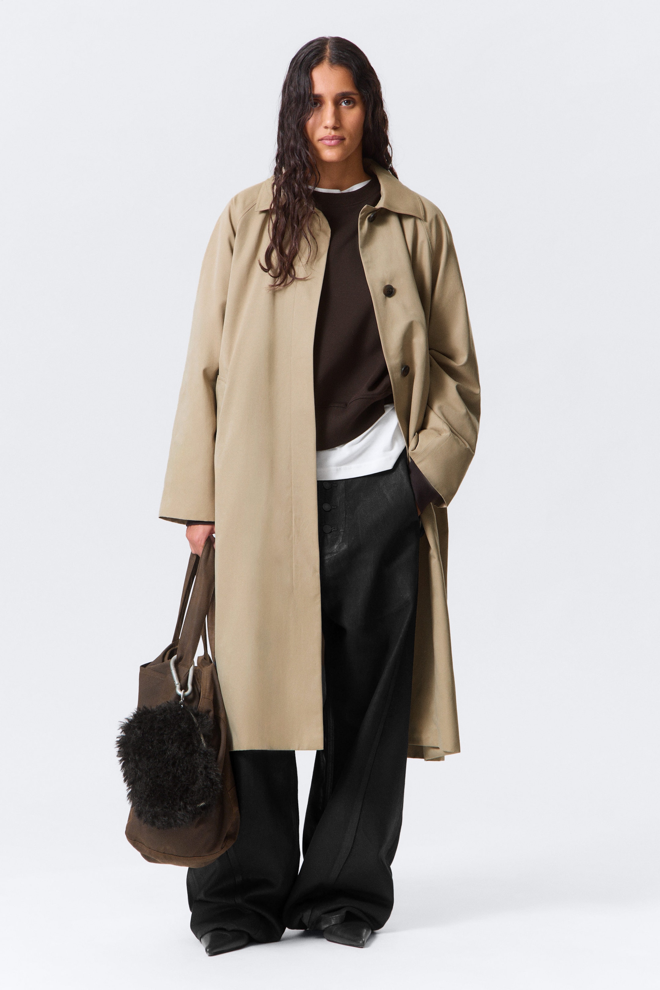 Beige - Single-Breasted Oversized Car Coat - 1