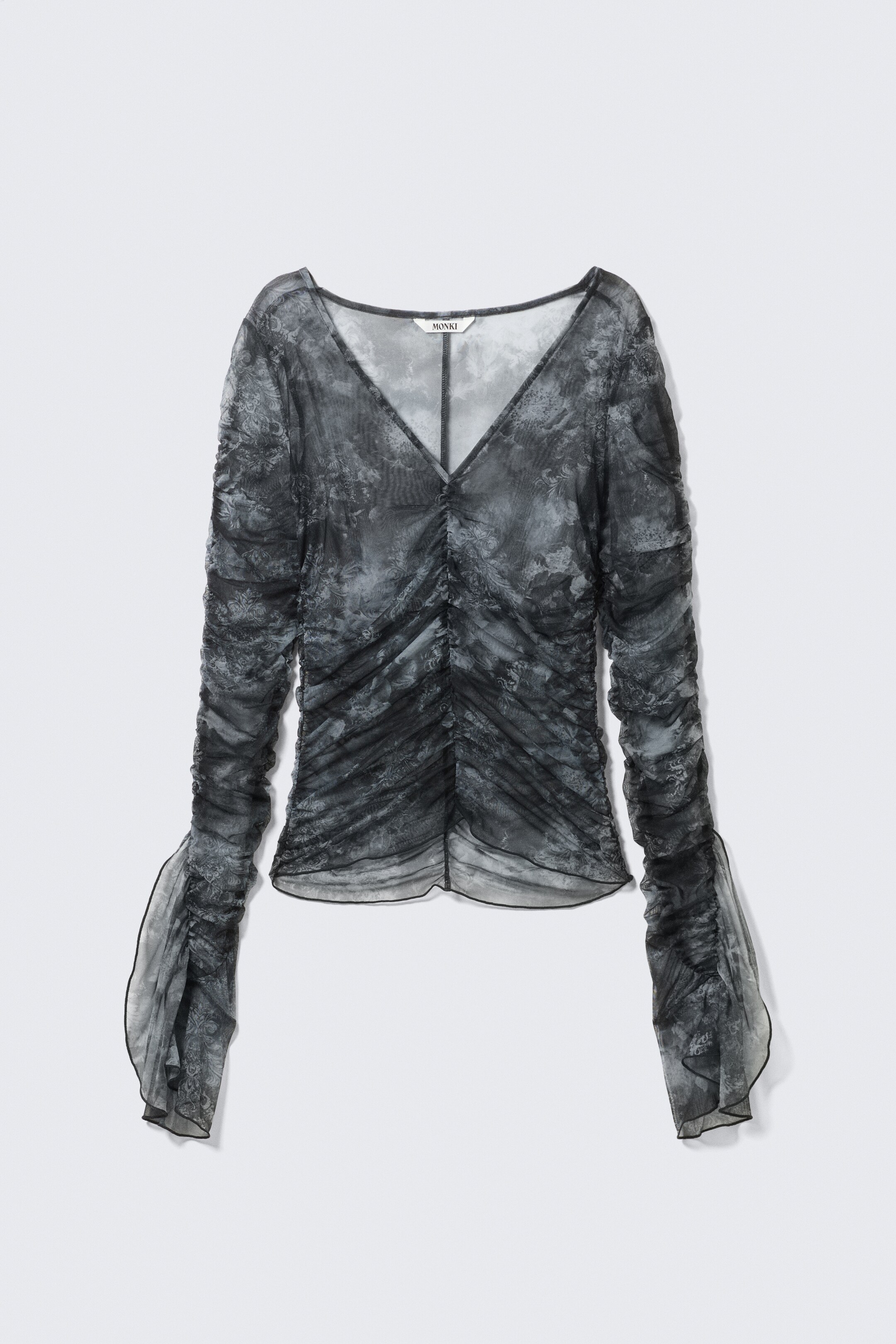 Ingrandisci l'immagine: Sheer Gathered Mesh Top - Black Baroque Print - DONNA | H&M CH 4