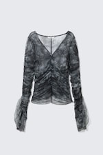 Schwarzer Barock-Print - Transparentes Mesh-Top mit Raffung - 3