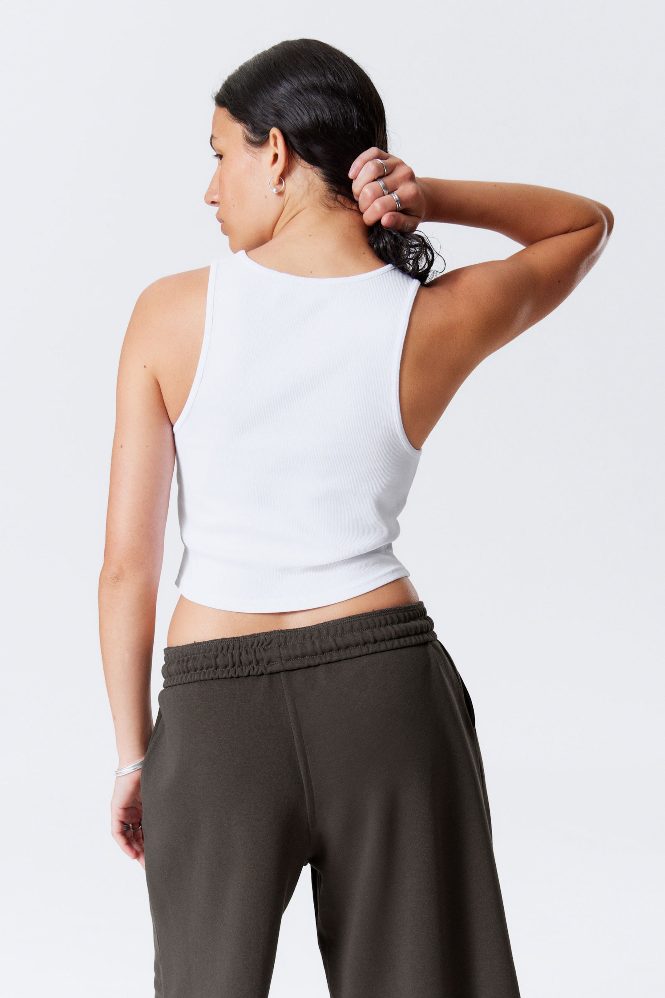 Weiß - Kurzes geripptes Baumwoll-Tanktop - 2
