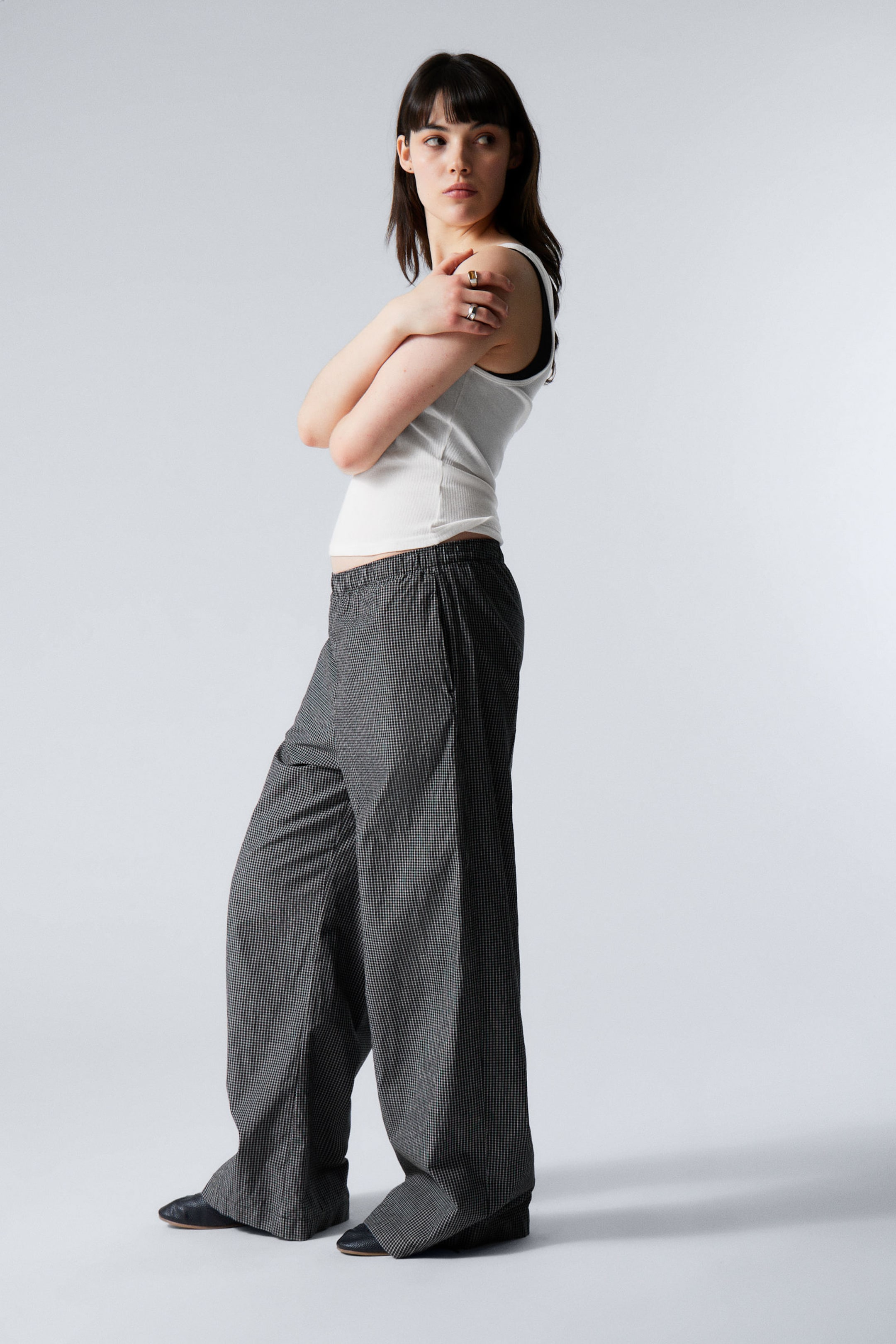 Checked Black - Low Loose Cotton Trousers - 2