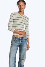 Gris clair rayé - Pull ajusté en maille à col en V - 0