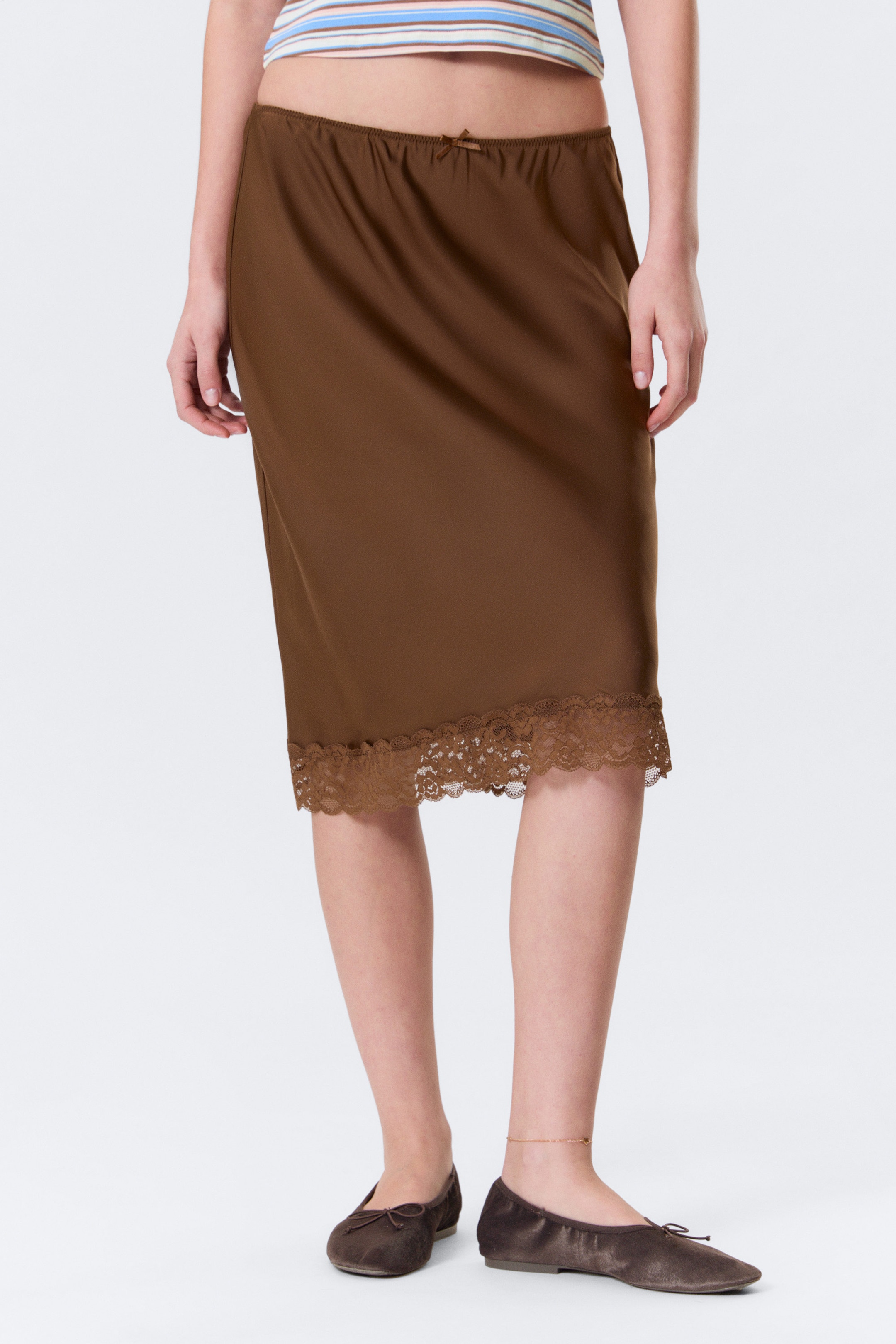 Dark Brown - Mid Rise Satin Lace Midi Skirt - 2