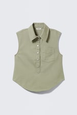 Khaki Green - Cap-Sleeved Cotton Twill Shirt - 0
