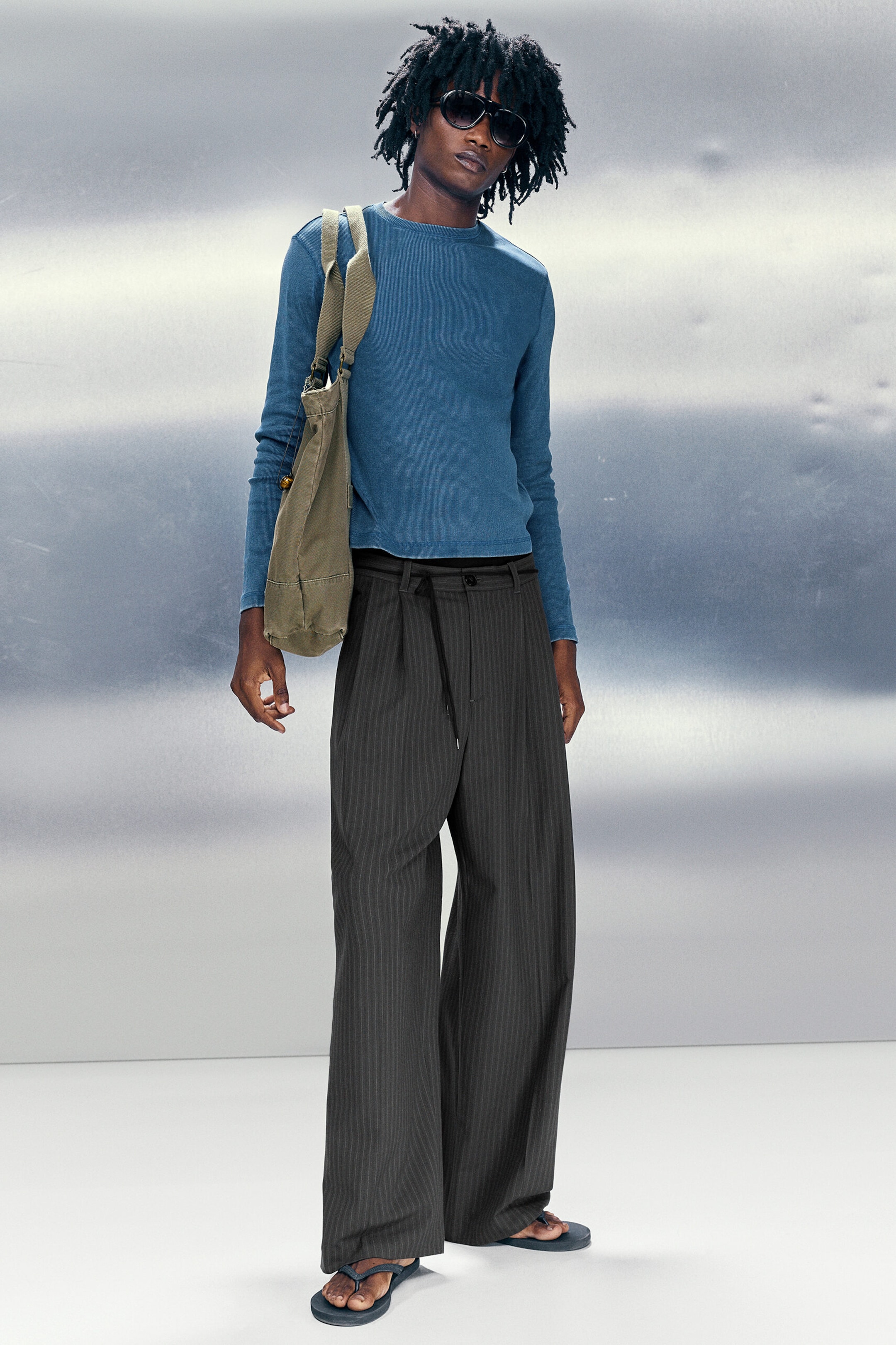 Striped Dark Grey - Nate Regular Waist Baggy Straight Trousers - 1