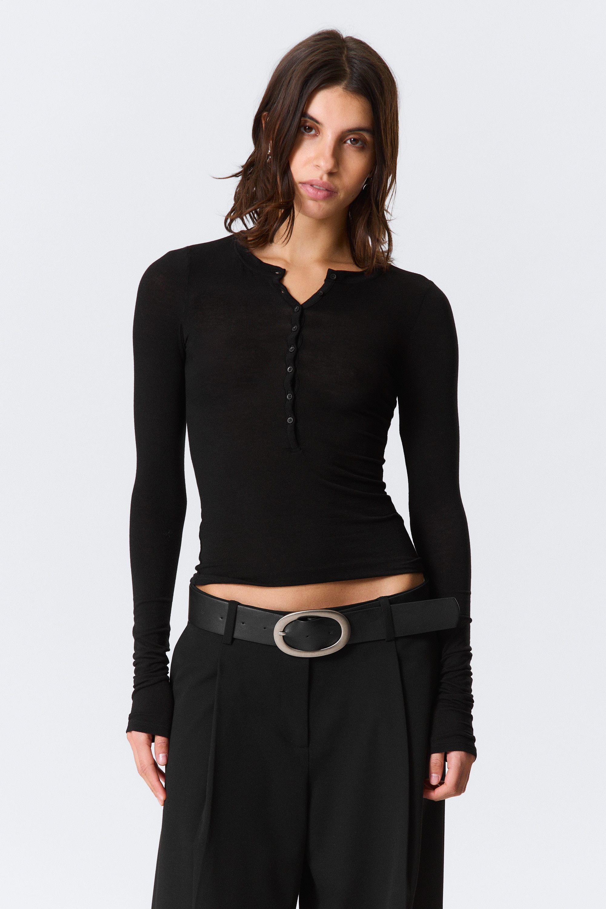 Slim Long-Sleeved Henley Top - Black/Dark Blue/Black & Grey Stripes