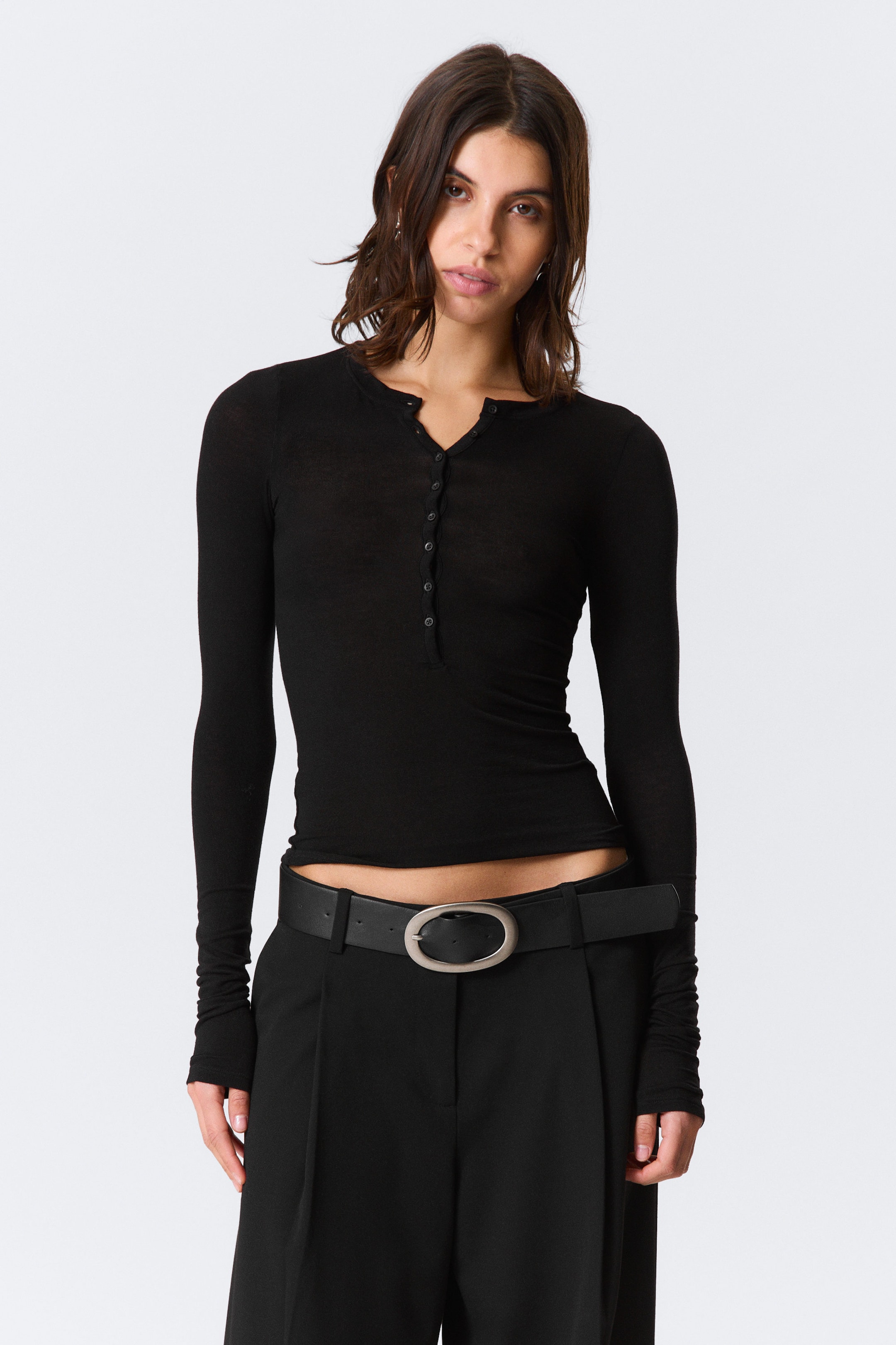 Black - Slim Long-Sleeved Henley Top - 1
