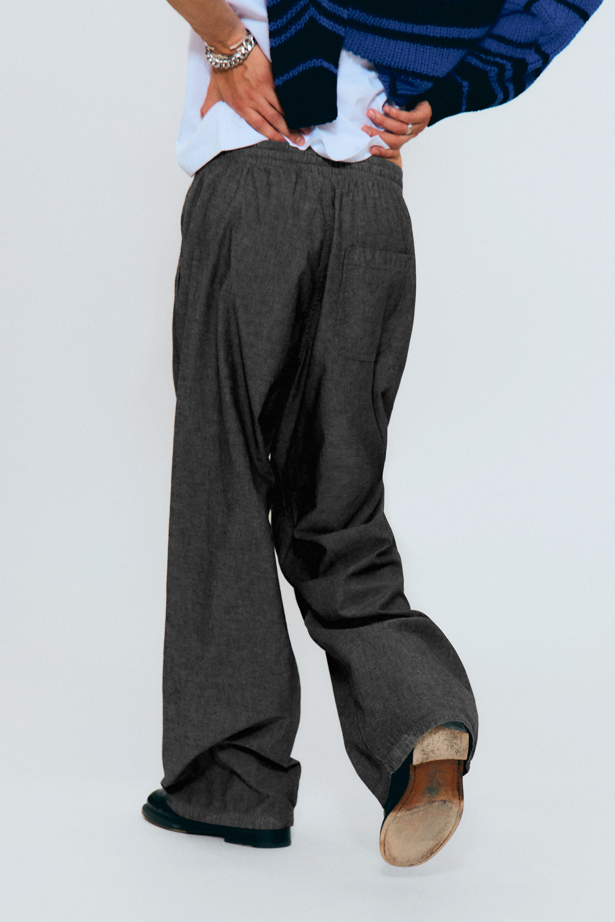 Black Melange - Loose Chambray Denim Trousers - 2