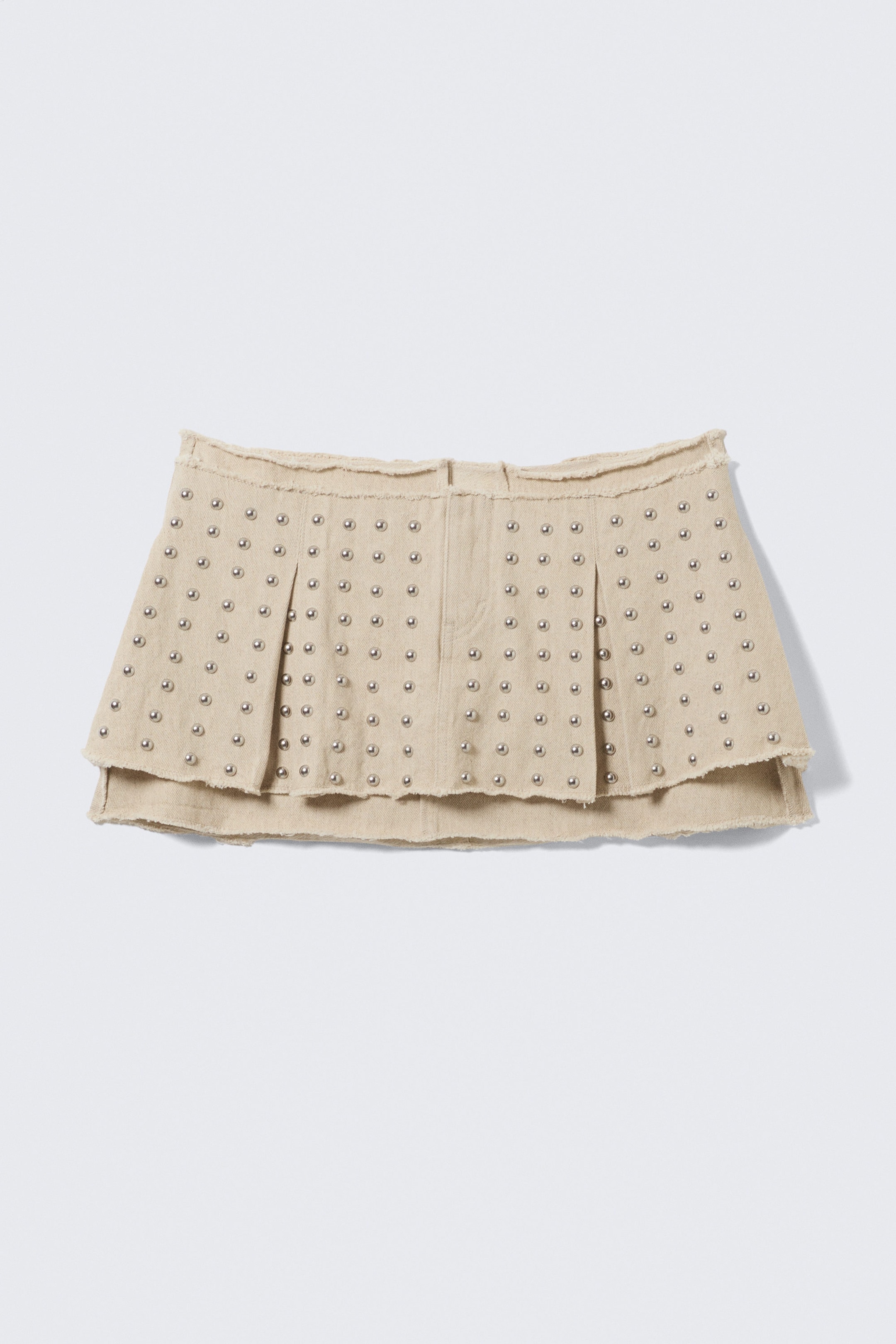 Beige - Studded Pleated Mini Skirt - 4