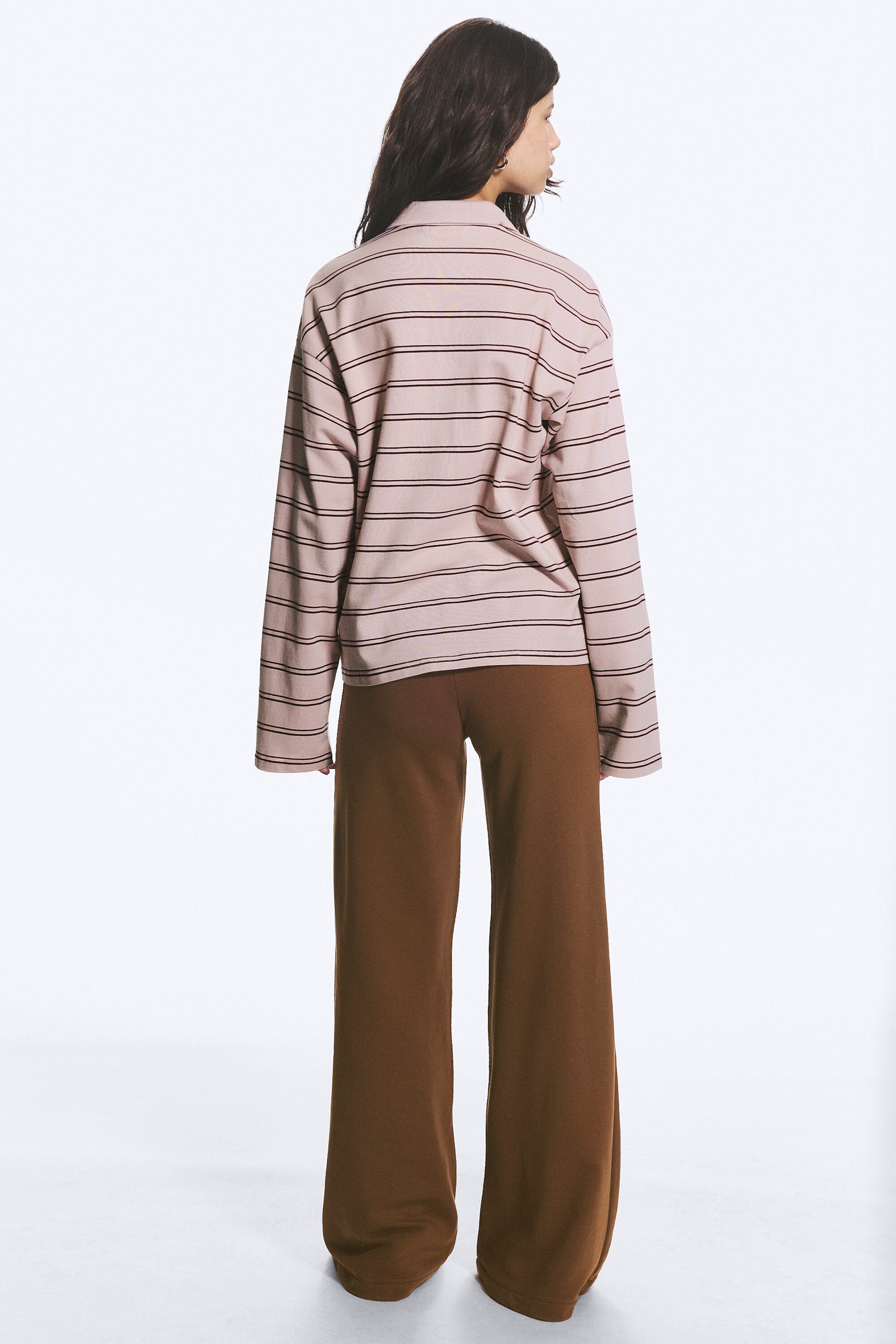 Striped Light Pink - Long-Sleeved Cotton Polo Top - 2