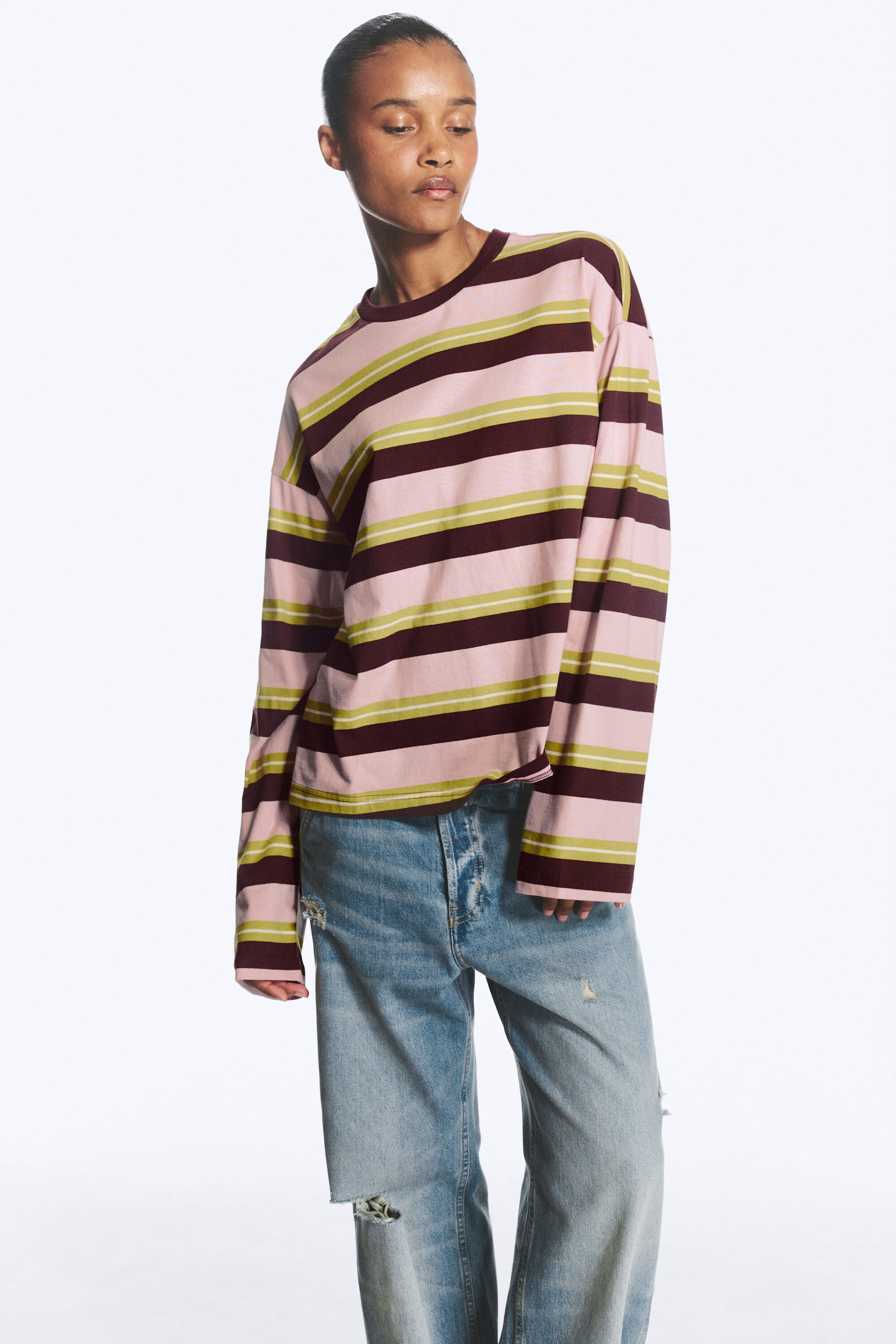 Pink/Weinrot/Limette gestreift - Longsleeve-Shirt aus Baumwolle - 1