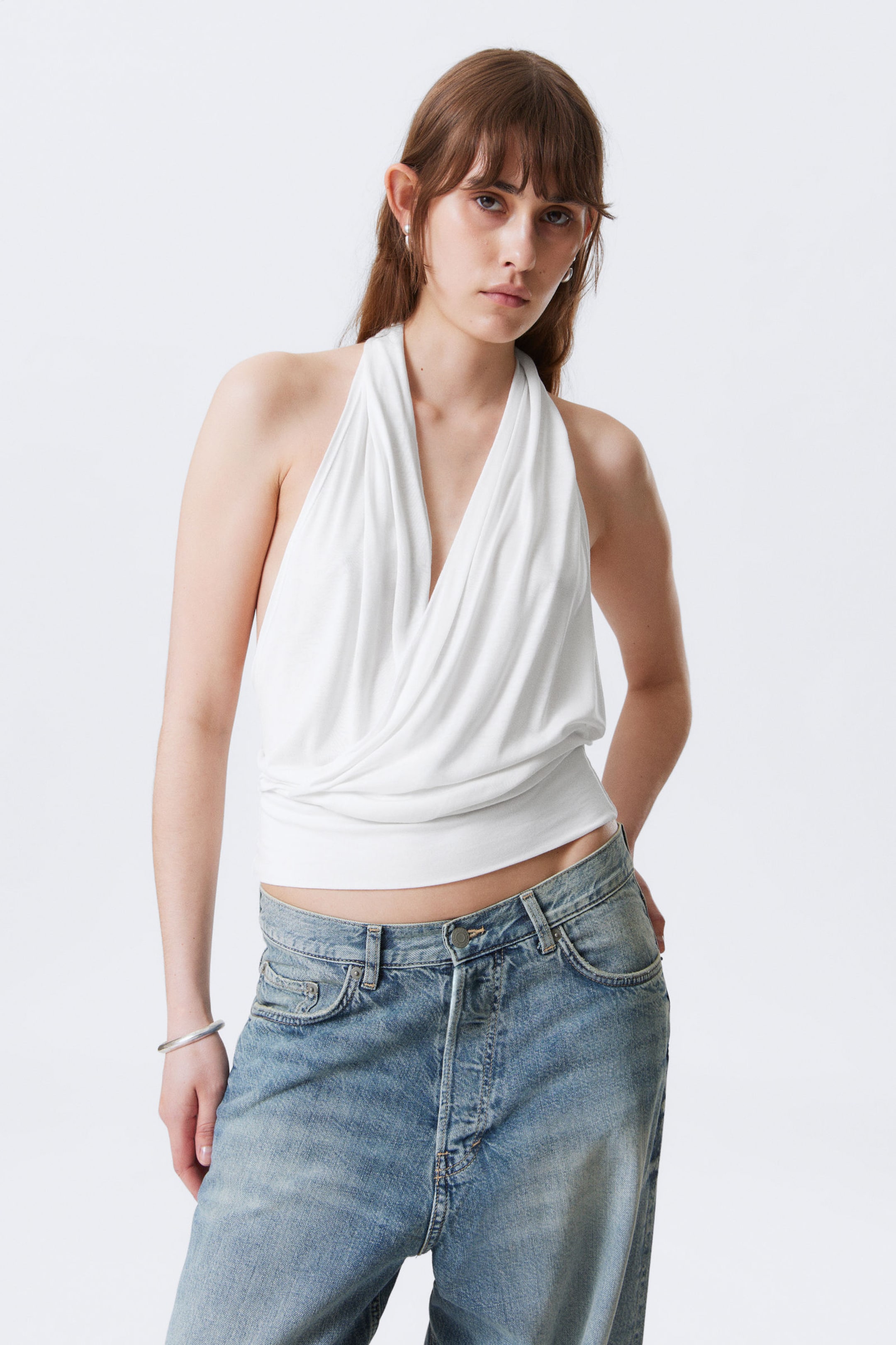 #F0EEED - Draped Halter Jersey Top - 1