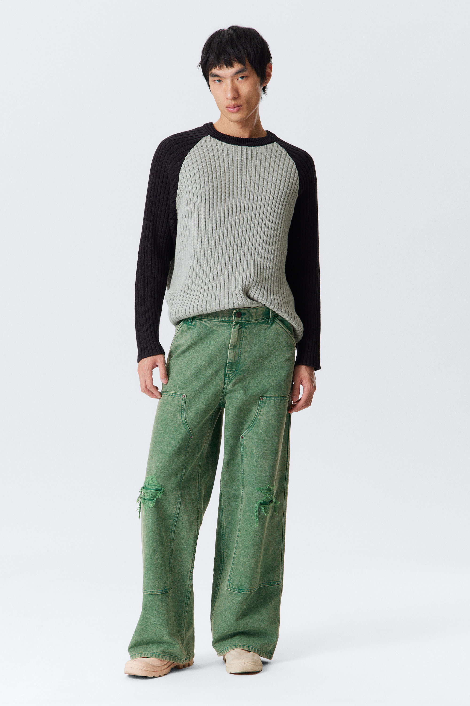 Washed Green - Weit geschnittene Workwear-Hose mit niedrigem Bund - 1