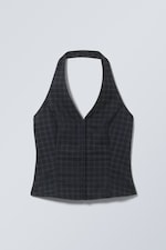 Mörkblå-rutig - Kort halterneck-topp - 0
