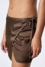 Dark Brown - Satin Wrap Mini Skirt - 1