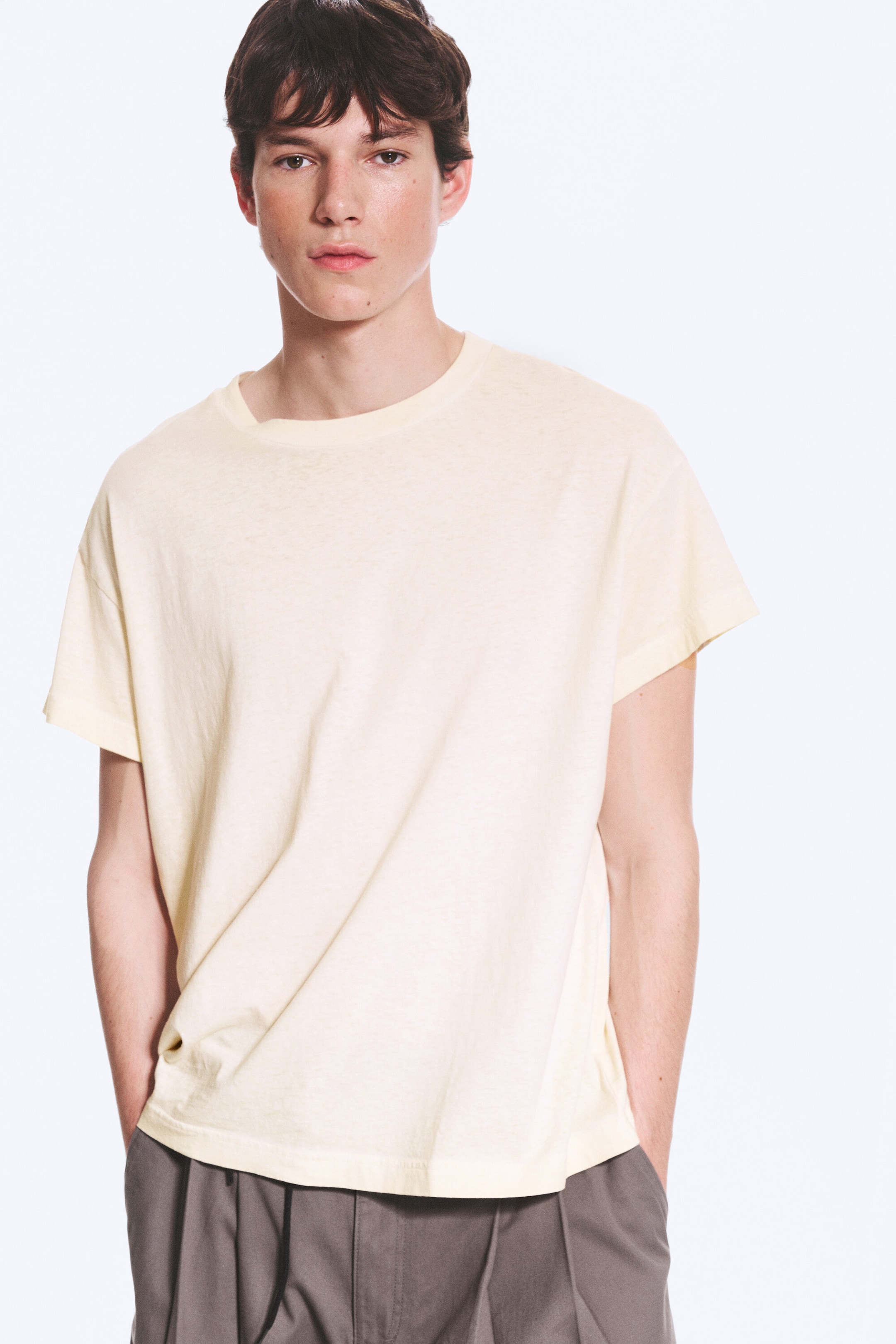 Light Dusty Beige - Cap-Sleeved Boxy Cotton T-shirt - 1