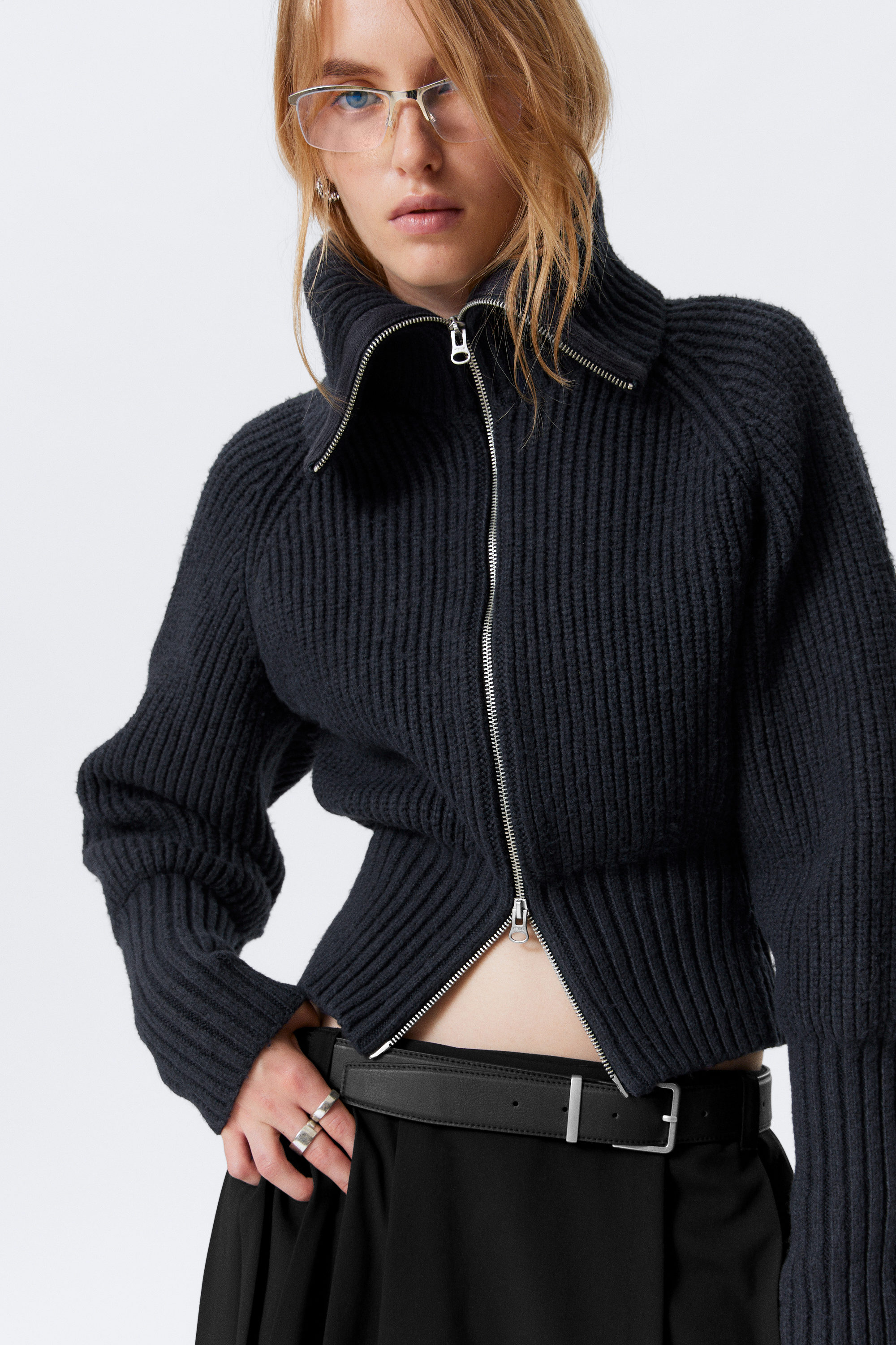 Dark Blue - Slim Fit Ribbed Zip Cardigan - 2