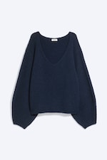 Dark Blue - Oversized Knitted V-Neck Sweater - 3