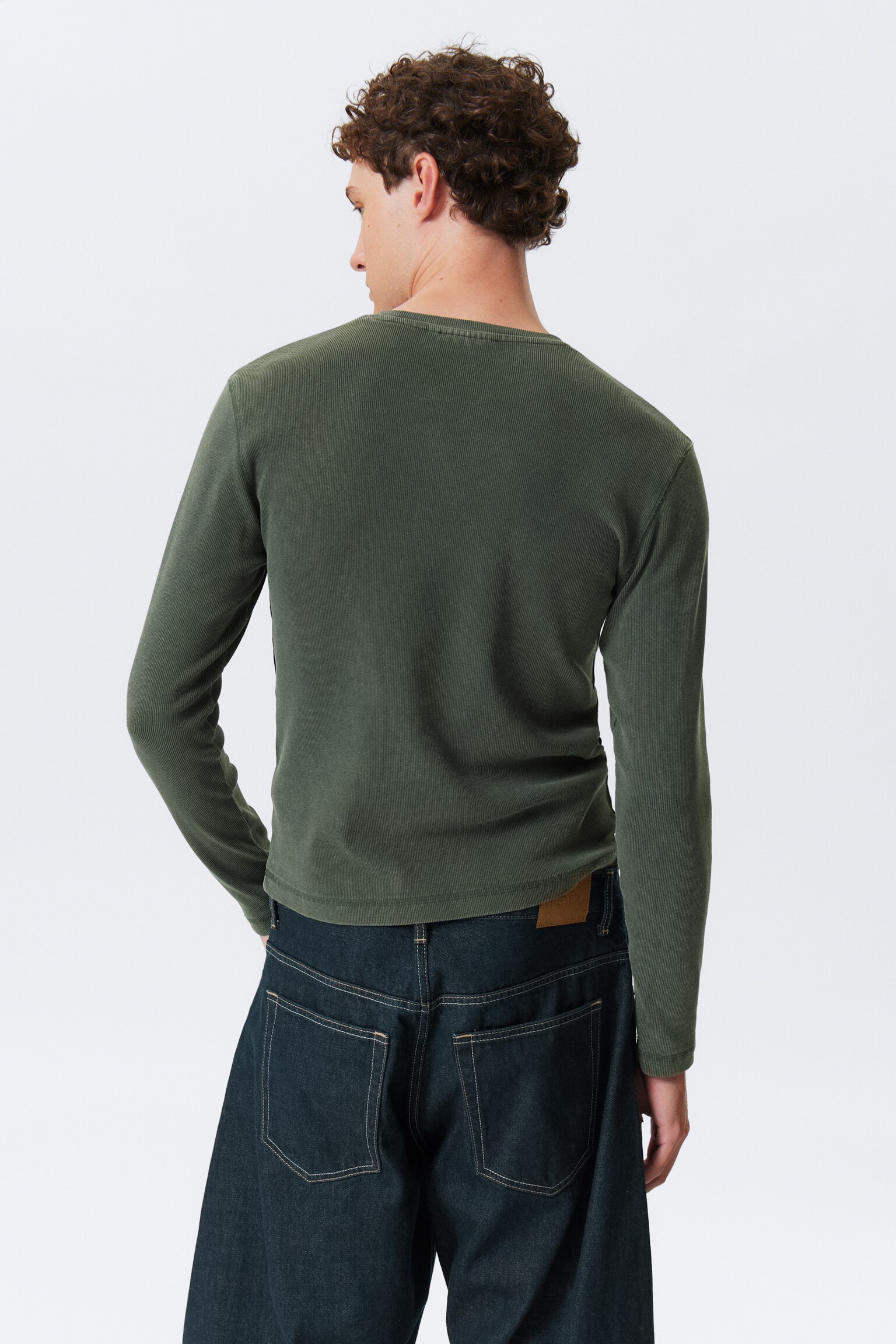 Ribbed Long-Sleeved T-shirt - Dark Green/Grey & Blue Dragon Print - 4