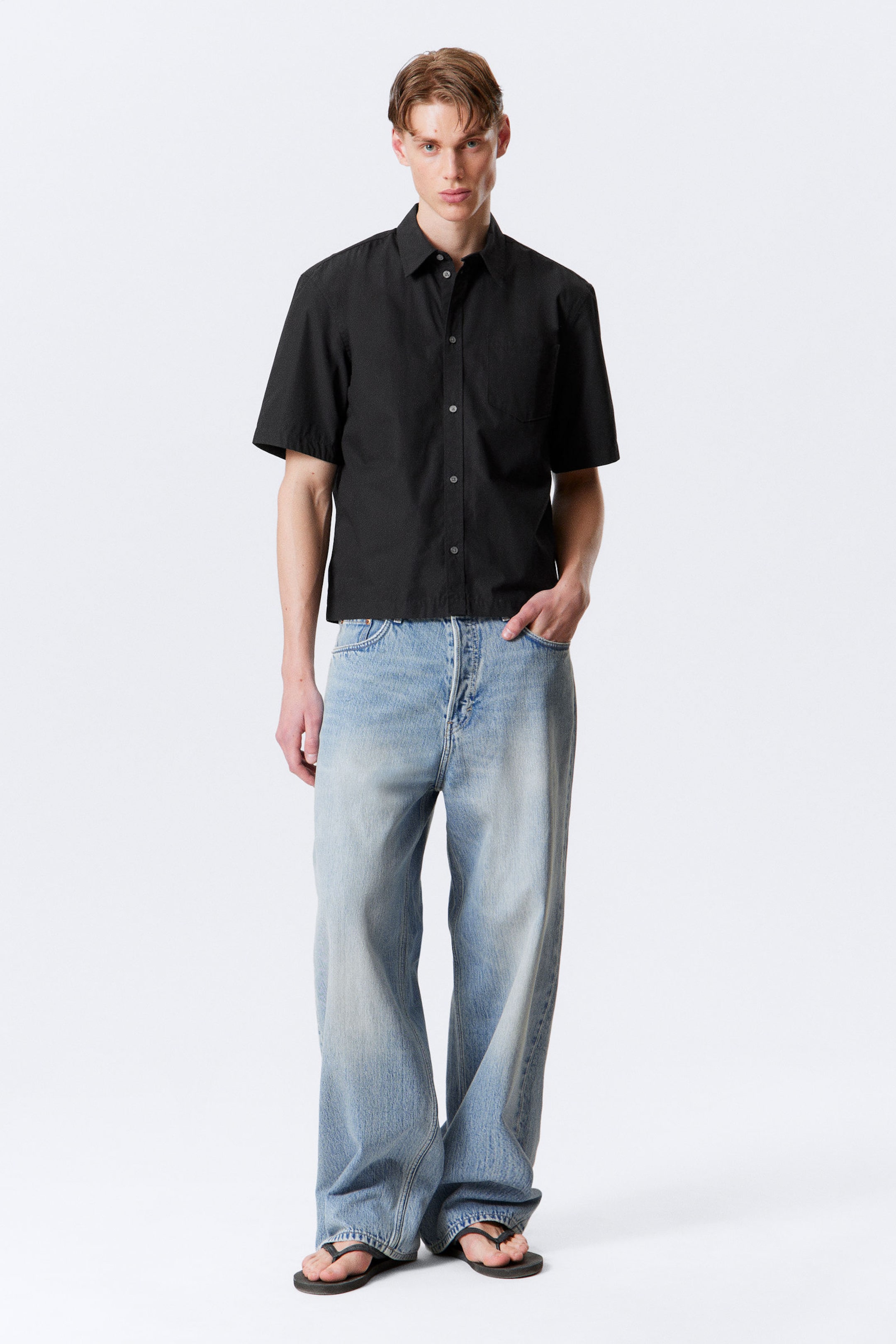 Black - Relaxed Fit Short-Sleeved Cotton Shirt - 2