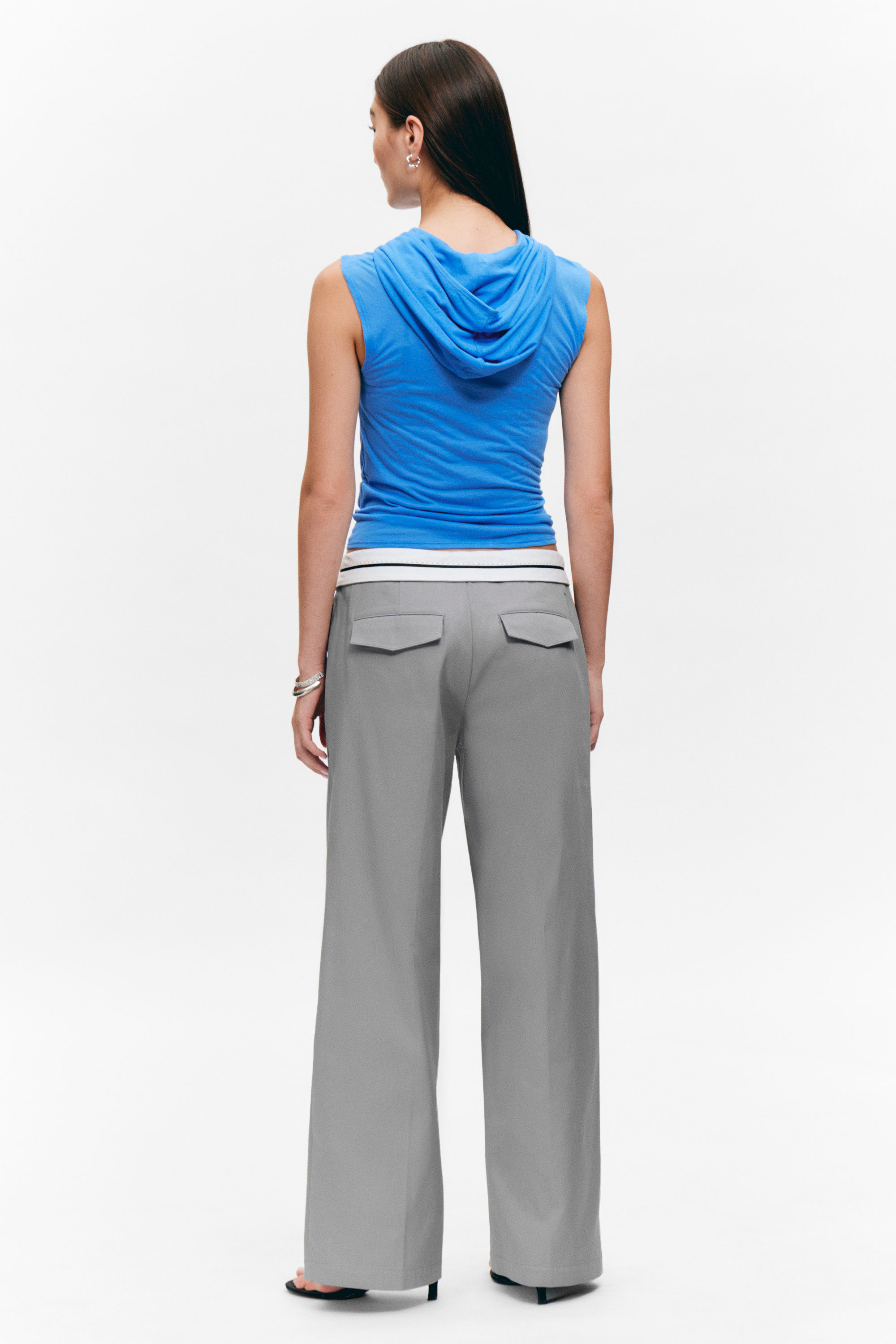 Grey - Low Rise Folded Waist Twill Trousers - 2