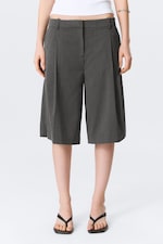 Dark Grey - Herringbone - Low Rise Loose Pleated Suiting Shorts - 1