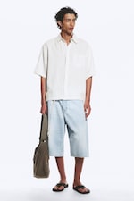 Vit/Grå-randig - Ledig kortärmad skjorta i linneblanding - 1