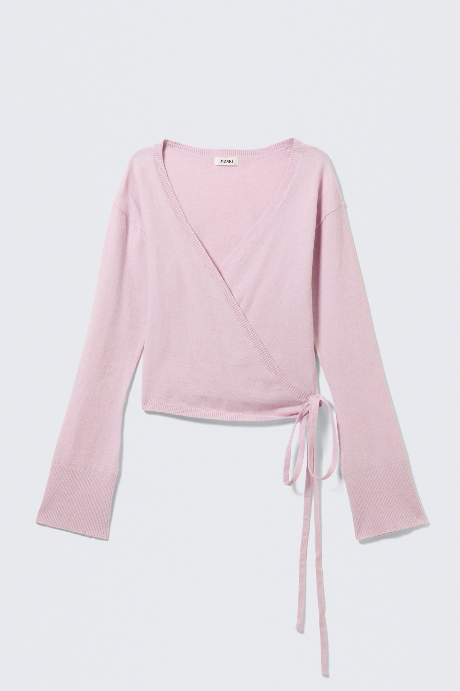 V-ringad stickad cardigan med omlott - Ljusrosa/Gråmelerad/Svart