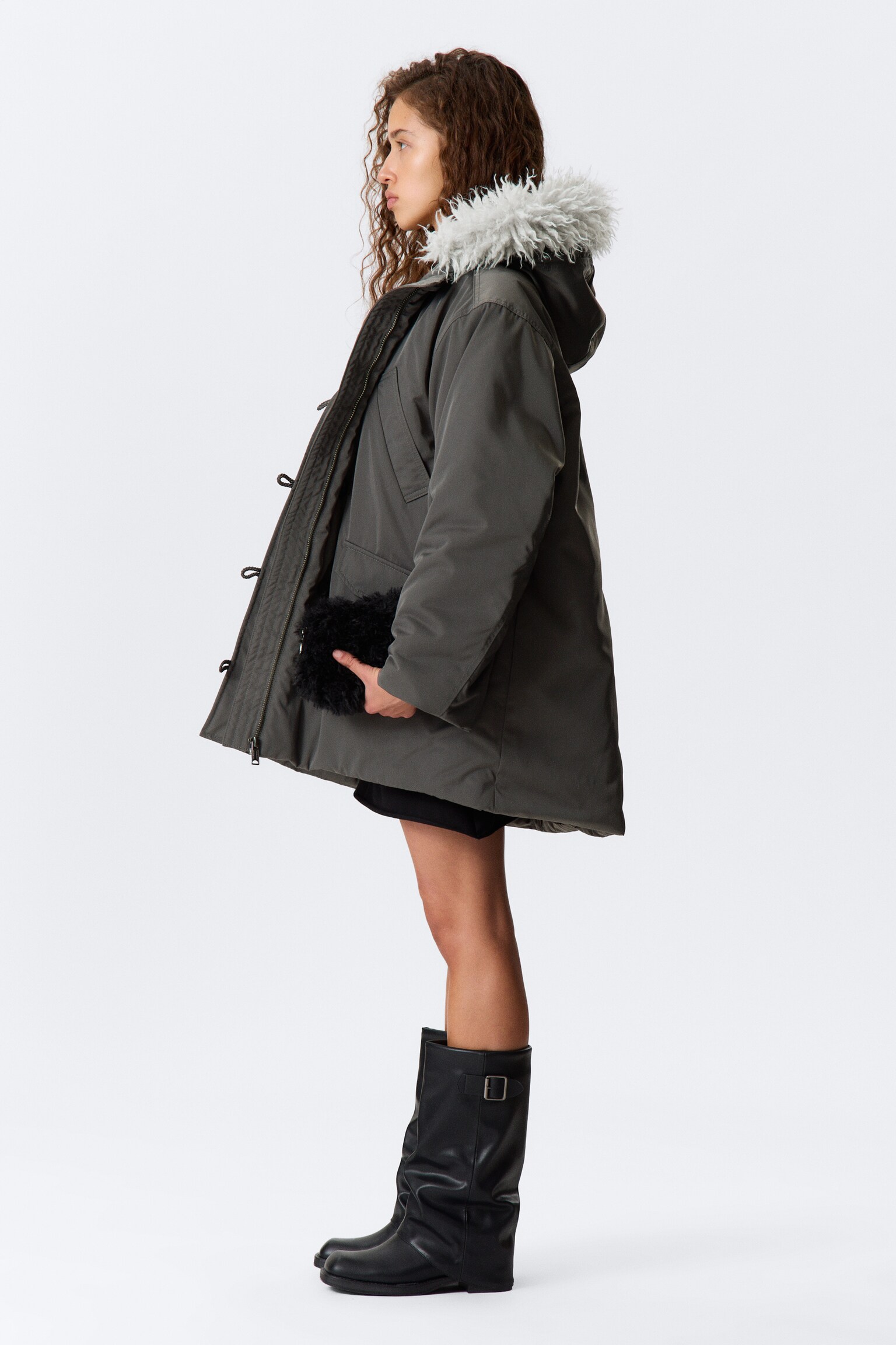 Padded Bomber Parka with Faux Fur Trim - Dark Grey/Black - 3