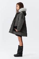 Dark Grey - Padded Bomber Parka with Faux Fur Trim - 2