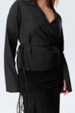 Black - Long-Sleeved Wrap Poplin Shirt - 2