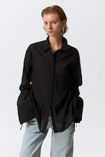 Black - Long-Sleeved Open Back Tie Shirt - 0