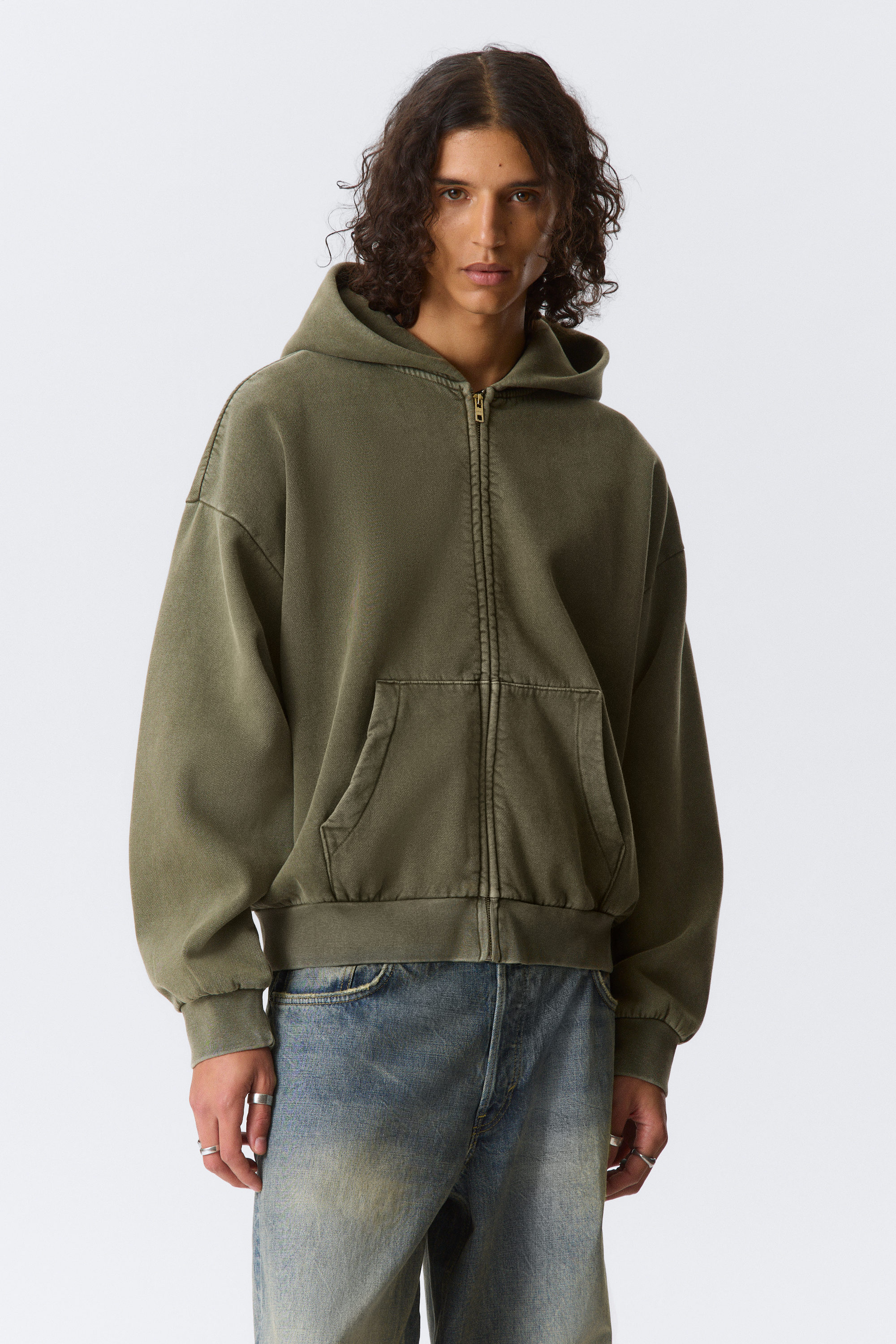 Tvättad mörkgrön - Loose Zip Hoodie - 1