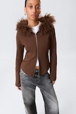 Brown - Fitted Zip Hoodie with Faux-Fur Trim - 1