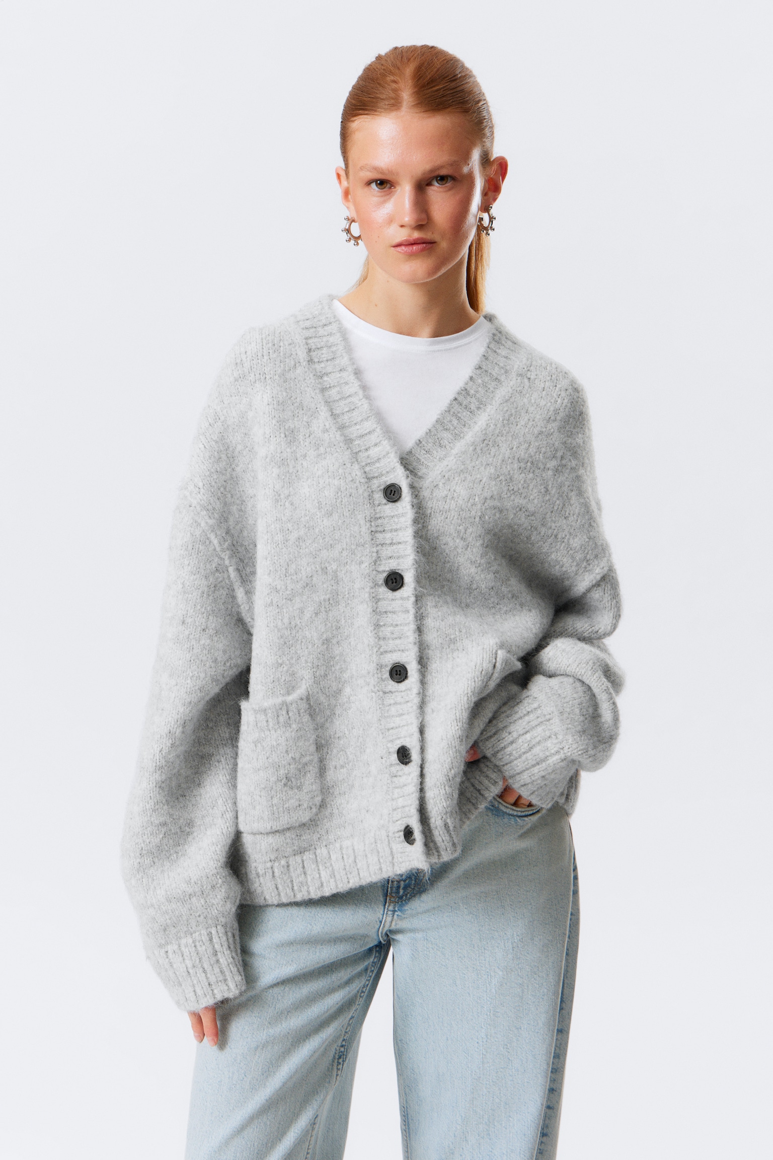 Locker gestrickter Cardigan mit V-Ausschnitt - Grau meliert/Dunkelblau/Dunkelbraun meliert