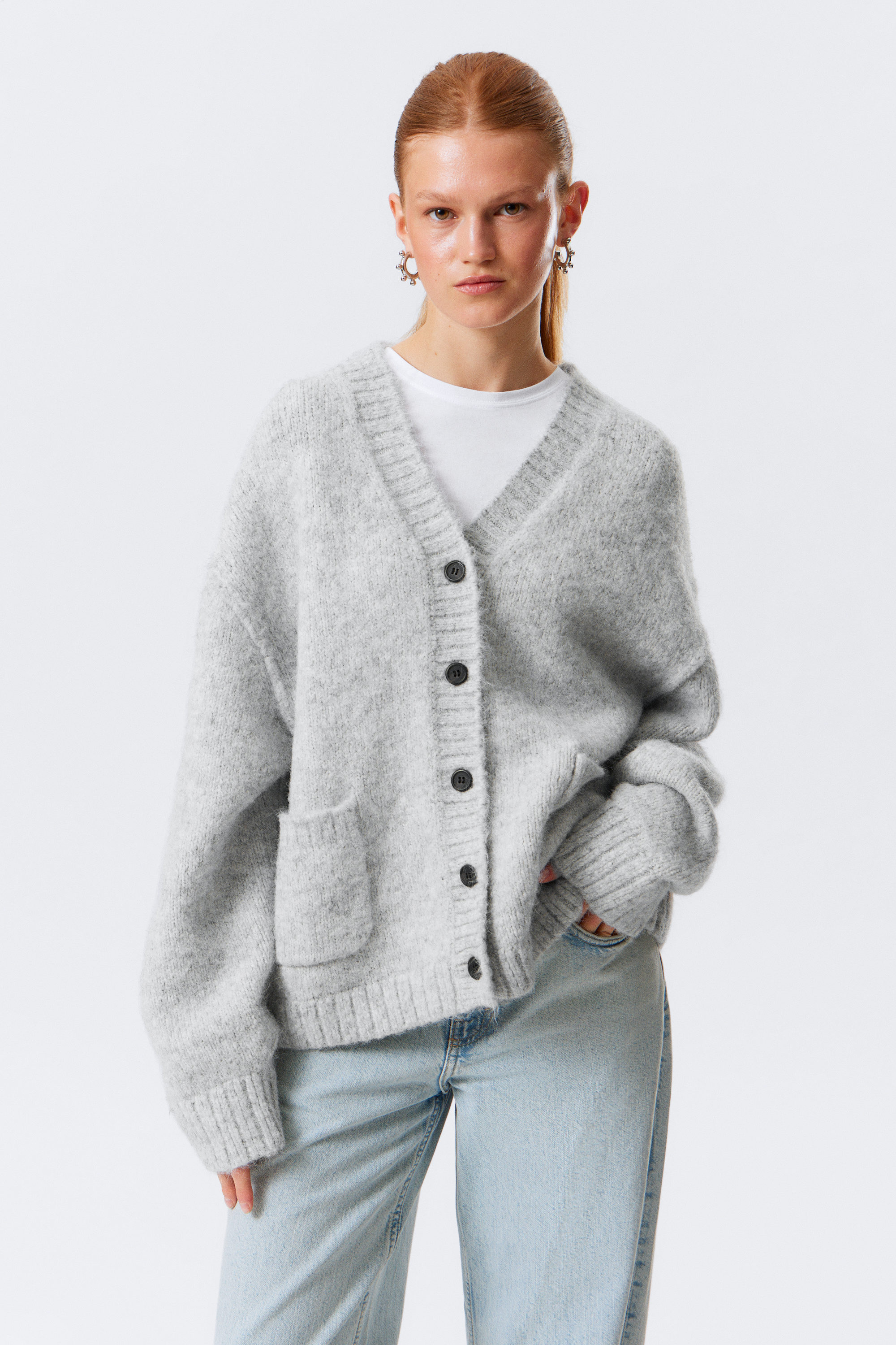 Grau meliert - Locker gestrickter Cardigan mit V-Ausschnitt - 1
