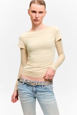 Beige - Rhinestone Mesh-Sleeve Top - 0