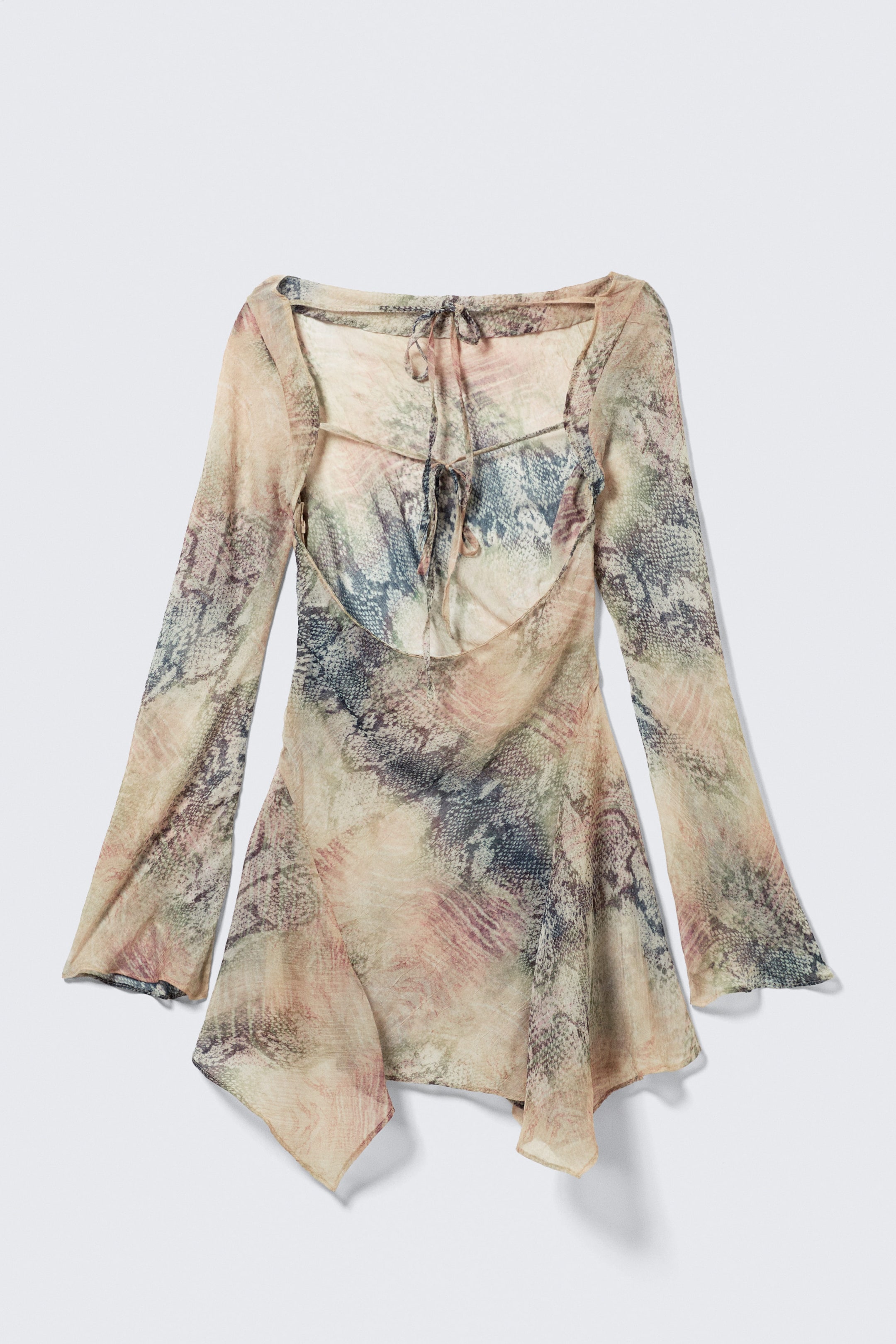 Beige - Snakeskin-patterned - Long-Sleeved Asymmetric Satin Mini Dress - 5