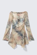 Beige - Snakeskin-patterned - Long-Sleeved Asymmetric Satin Mini Dress - 5