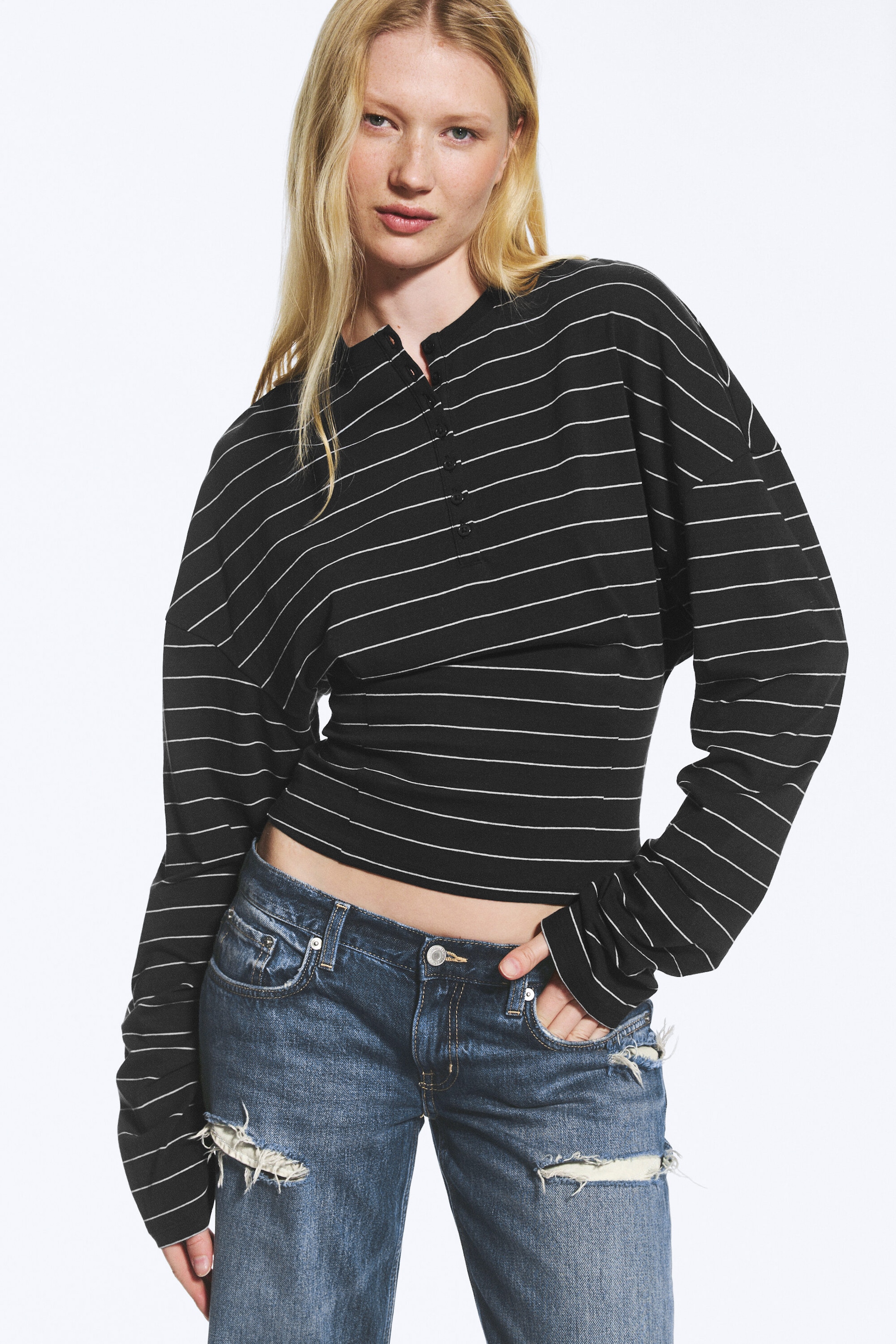 Striped Dark Grey - Henley Ajusté à manches drapées - 1