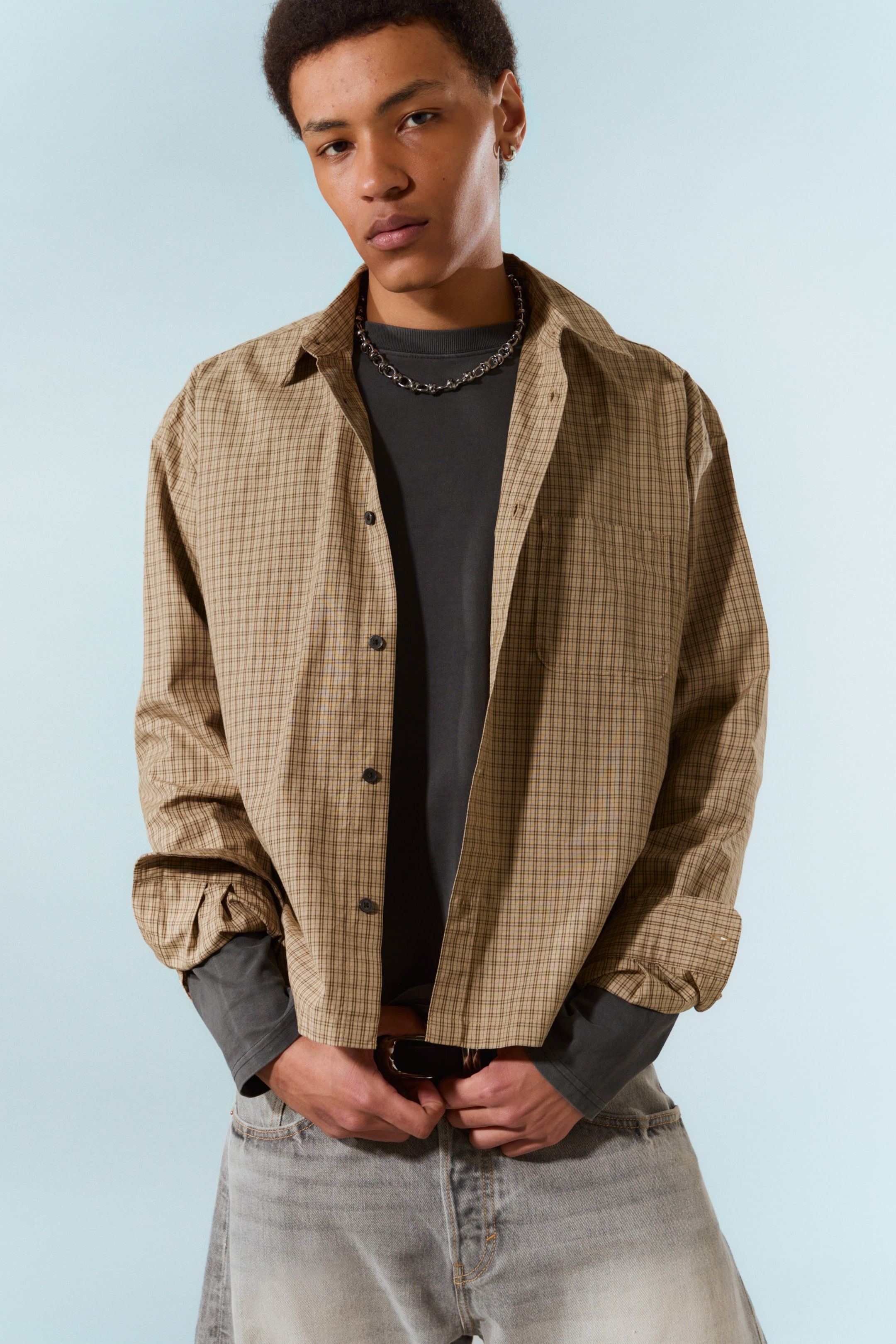 Beigefarbenes Karomuster - Locker geschnittenes, kastiges Popeline-Hemd - 1