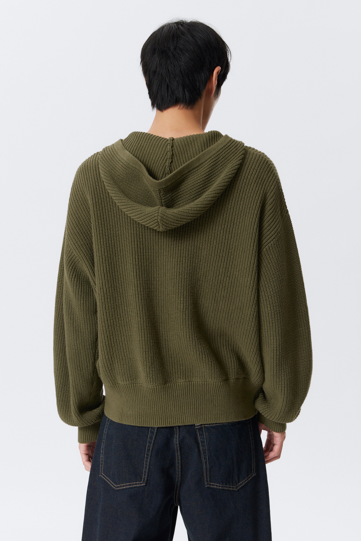 Boxy Knitted Hoodie - Dark Khaki Green/Black - 3