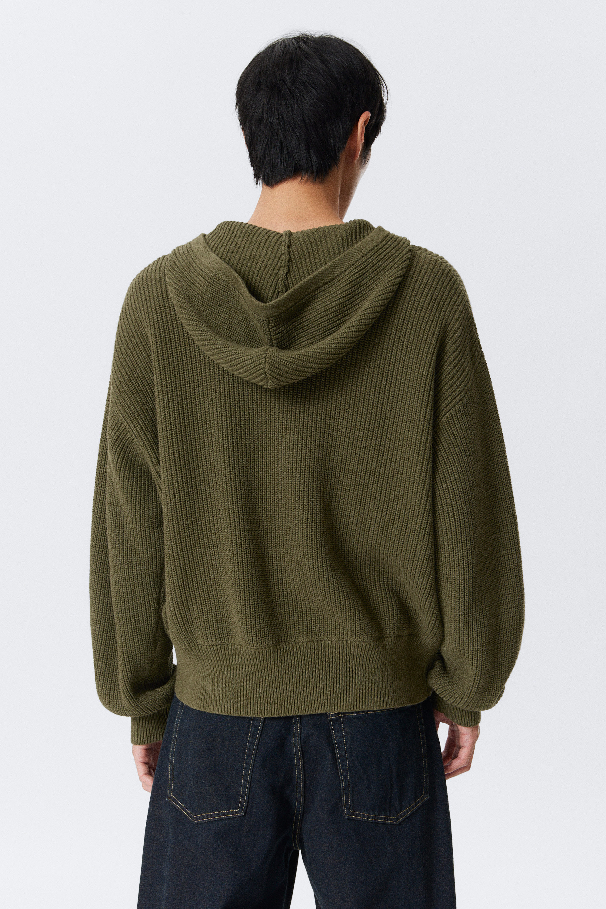 Dark Khaki Green - Boxy Knitted Hoodie - 3
