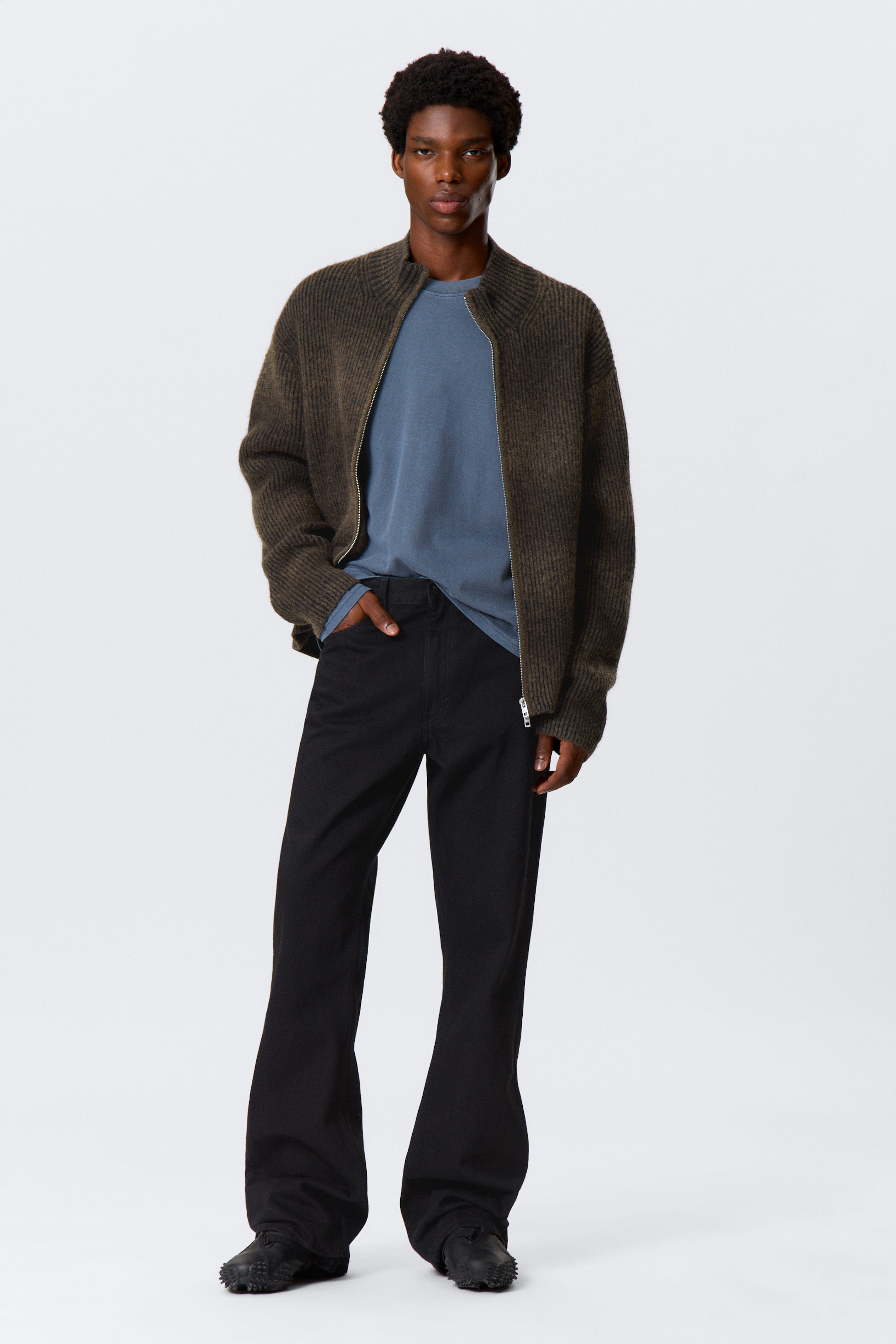 Marron foncé chiné - Cardigan zippé en maille de laine mélangée - 2