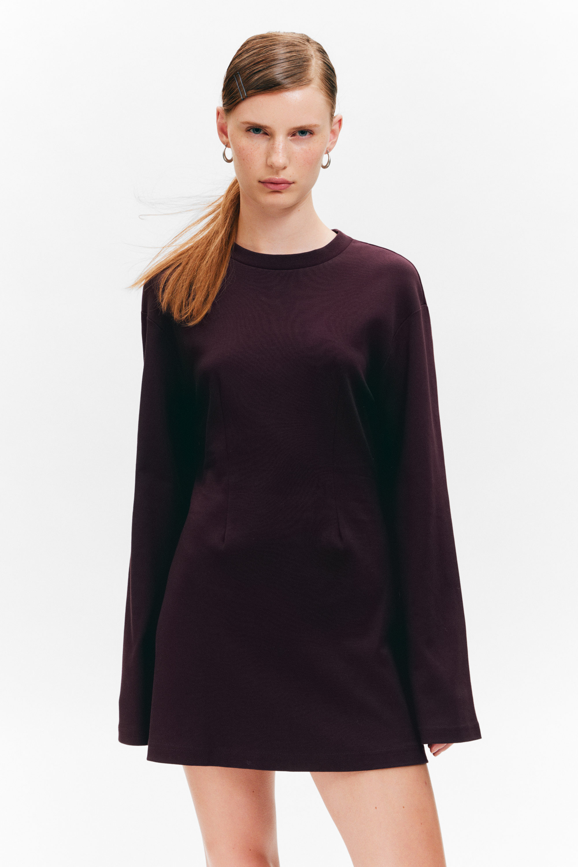 Dark Plum - Long-Sleeved Cotton Mini Dress - 2