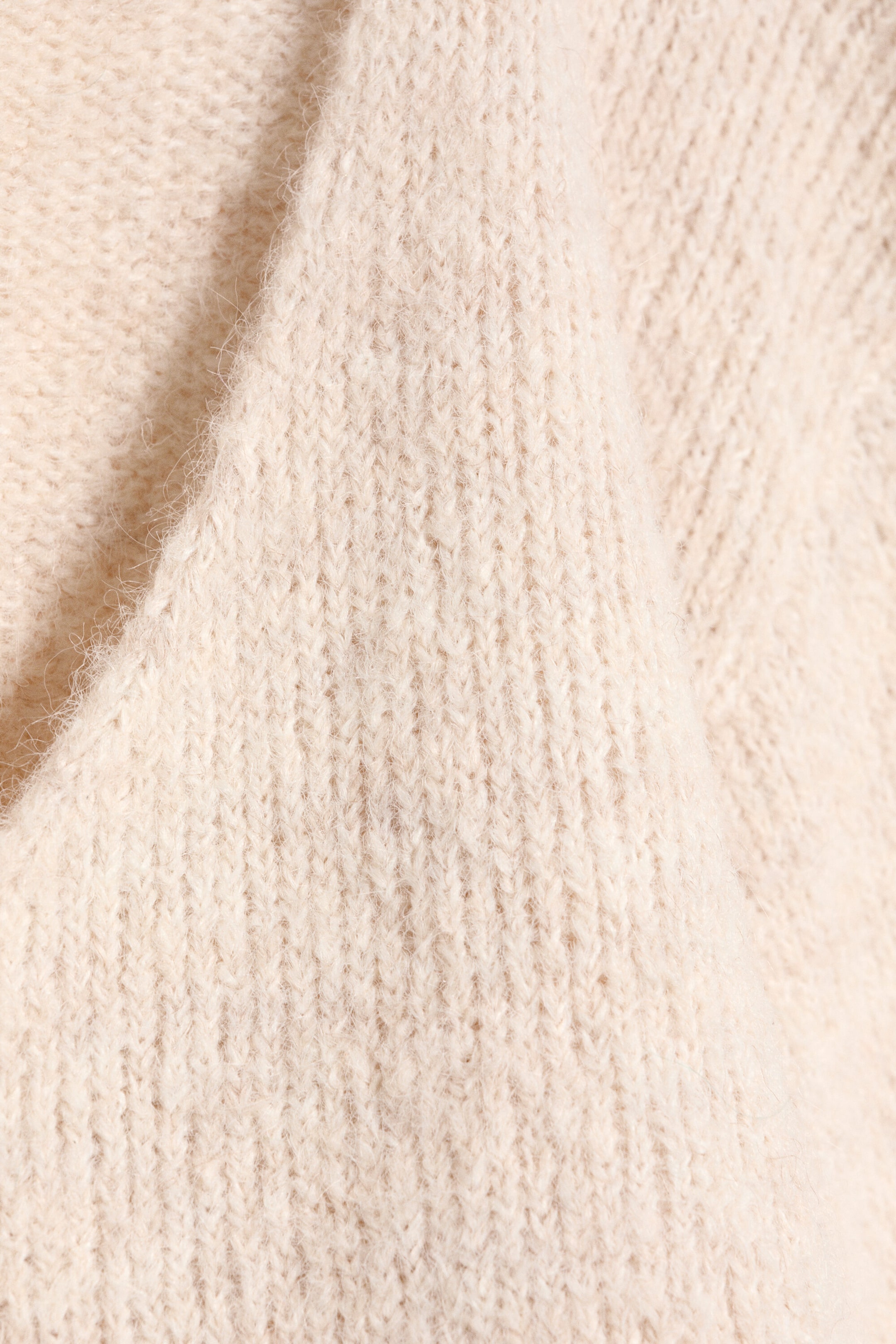 Beige - Oversized Knitted V-Neck Sweater - 4