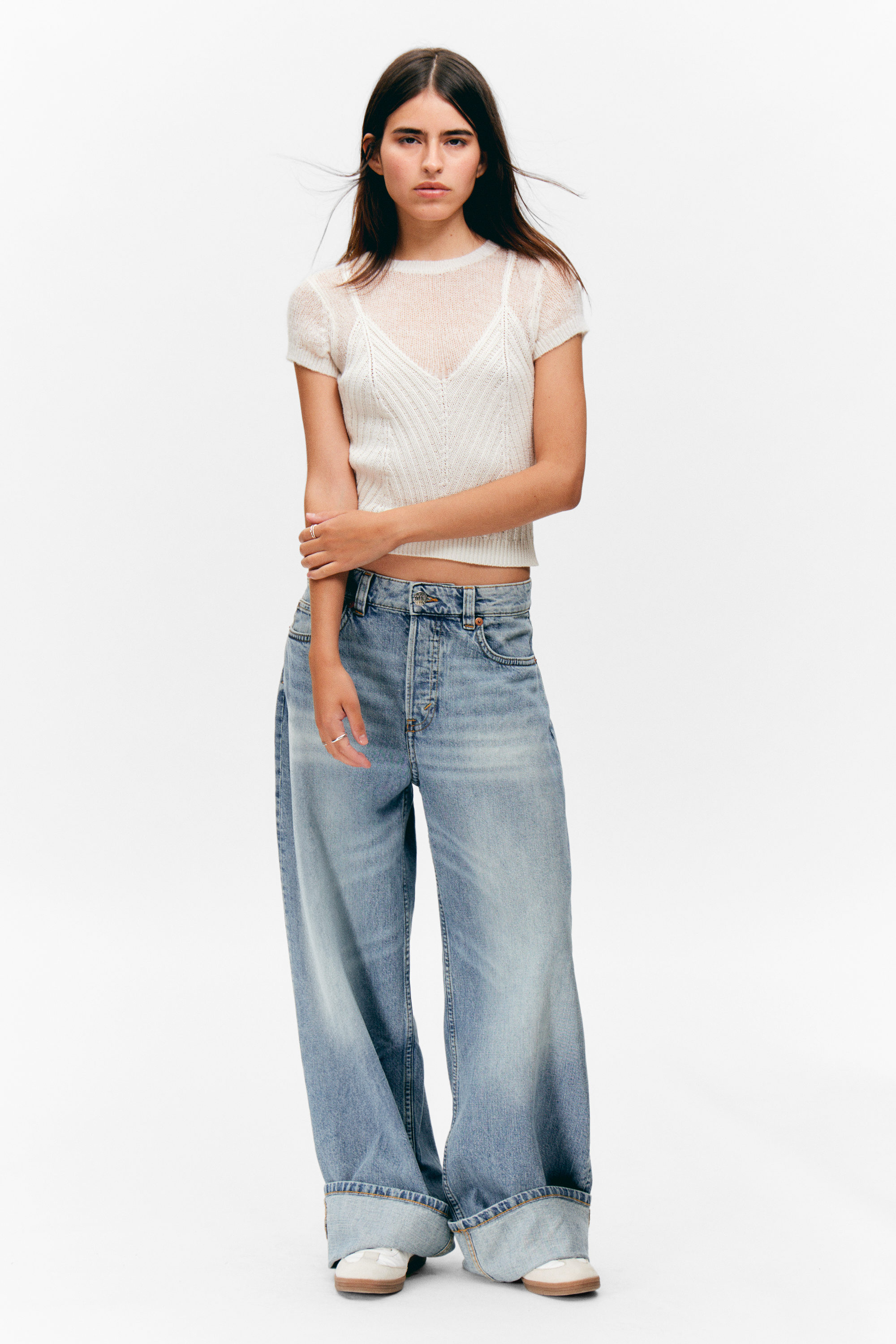 White - Short-Sleeved Knitted Layered Top - 2